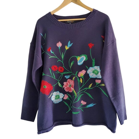 Unique Dark Blue / Nay Floral Embroidered Sweater One Size - Picture 2 of 8